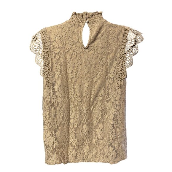 Cable & Gauge Top L Beige Lace Sleeveless High Neck Blouse Ruffle Detail - Picture 2 of 7